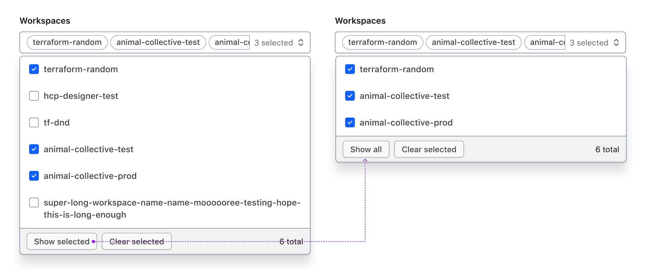 Flow showing the behavior of the show selected button and how it toggles the list to only display selected list items